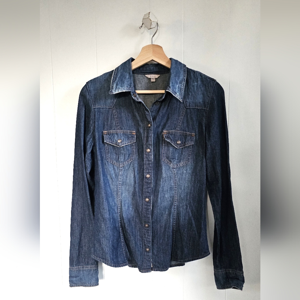 GUESS Dark Wash Button-Down Chambray Shirt
